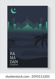 Ramadan Kareem or Eid mubarak poster, holiday cover set. Islamic greeting card, banner template with copy space. Modern design with geometric pattern in trendy warming brown,green, white colors