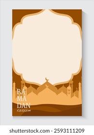 Ramadan Kareem or Eid mubarak poster, holiday cover set. Islamic greeting card, banner template with copy space. Modern design with geometric pattern in trendy warming brown,green, white colors