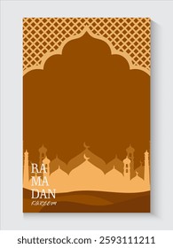 Ramadan Kareem or Eid mubarak poster, holiday cover set. Islamic greeting card, banner template with copy space. Modern design with geometric pattern in trendy warming brown,green, white colors