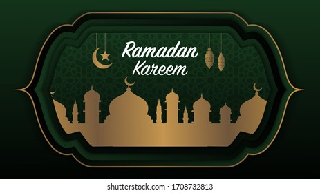 Ramadan Kareem or Eid Mubarak premium black dark green and golden Islamic design background.Design moon mosque and classic lantern.Greeting card, invitation for muslim community.Vector Illustration.