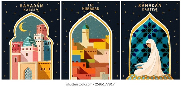 Ramadan Kareem. Eid Mubarak. Set of art posters for the holiday of Islam, with Arabic streets, mosques, prayer, for banner, background, greeting card, cover, invitations. Vector illustration.