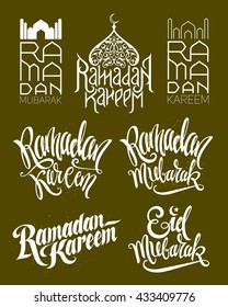 Ramadan Kareem and Eid Mubarak. Set of holiday logos with lettering design. Vector illustration.