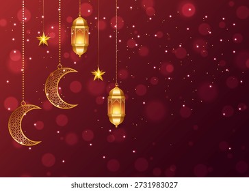 Ramadan Kareem Eid Mubarak shiny red design. Islamic background copy space banner with decorative lantern. Translation. "Muslim fasting month and celebration day after fasting."