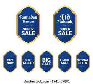 Ramadan Kareem and Eid Mubarak Super Sale Label on Blue and Gold Shape. Discount Tag - EPS 10 Vector