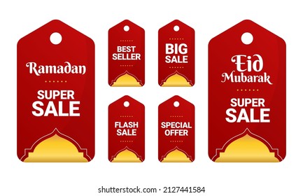 Ramadan Kareem y Eid Mubarak Super Sale Label en forma roja y dorada. Etiqueta de descuento - Vector EPS 10