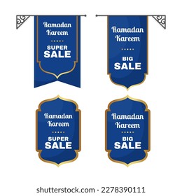 Ramadan Kareem and Eid Mubarak Super Sale Label on blue and Gold Shape. - Vector.