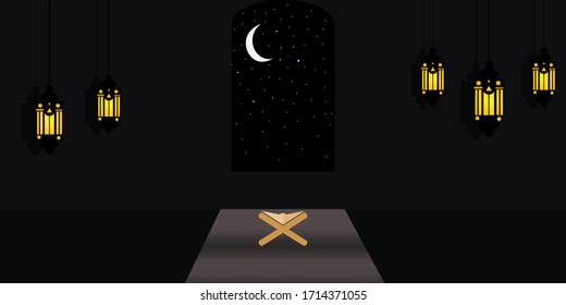 Plantilla Ramadan Kareem y Eid Mubarak. Diseño islámico Ramadan Kareem Luna creciente y fondo de cúpula de mezquita. Apropiado para tarjeta de felicitación, volante, afiche y banner. Ilustración del vector