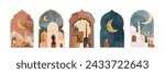 Ramadan Kareem. Eid Mubarak. Vector illustration of Islamic Muslim city, street, mosque, crescent, window, arch for logo, sign or icon. Muted colors