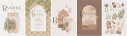 Ramadan Kareem. Eid Mubarak. Vector Aesthetic Illustration Of Crescent Moon, Mosque, Lantern, Window, Frame, Background, Ornament, Tropical Leaf For Greeting Card, Invitation Or Poster In Beige Muted 