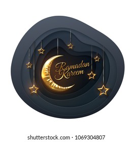 Ramadan Kareem. Eid Mubarak. Vector islamic illustration with crescent golden moon and hanging stars on black layered papercut background. Religious holiday event. Muslim holy month Ramadan decoration