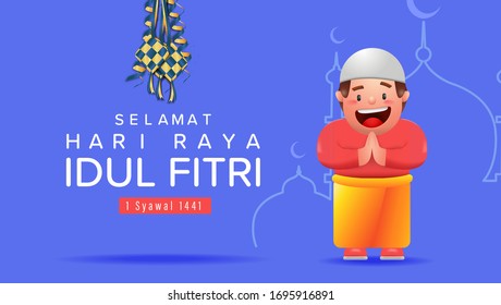 Ramadan Kareem and Eid Mubarak Vector Illustration, Cute Kids Wearing Moslemwear In Hari Raya Idul Fitri or Aidilfitri, Happy Kids Greeting Eid al Fitr, Realistic Ketupat Satin, Happy Fasting