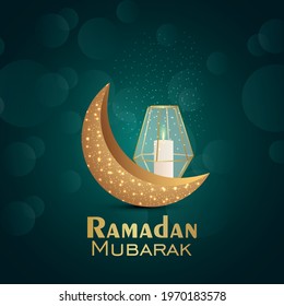 Ramadan kareem or eid mubarak vector illustration with golden moon and crystal lantern