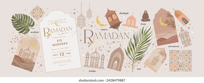 Ramadan Kareem. Eid Mubarak. Vector aesthetic illustrations of crescent moon, mosque, lantern, window, frame, ornament, tropical leaf for greeting card, invitation or poster in beige muted 