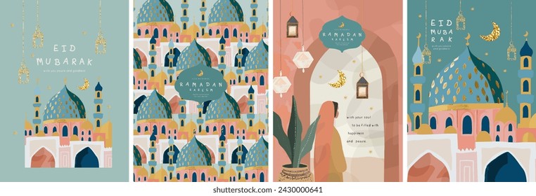 Ramadan Kareem. Eid Mubarak. Vektor niedliche handgezeichnete Illustration von Moschee, Halbmond, Bogen, Fenster, Muster, muslimische Frau in Hijab und Laterne für Grußkarte, Poster oder Hintergrund