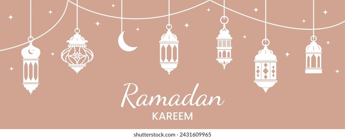 Ramadan Kareem, Eid Mubarak vector greeting card background. Celebration ornaments and arabic lanterns on pastel background. Banner template. Backdrop, flyer for holiday event.