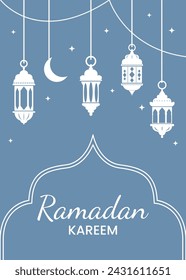 Ramadan Kareem, Eid Mubarak vector greeting card background. Celebration ornaments and arabic lanterns on blue background. Poster template. Backdrop, flyer for holiday event.