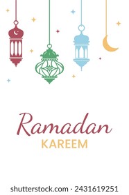 Ramadan Kareem, Eid Mubarak vector tarjeta de felicitación de fondo. Adornos de celebración y linternas árabes sobre fondo blanco. Plantilla de póster. Telón de fondo, volante para el evento de vacaciones