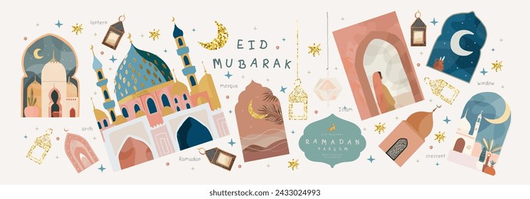 Ramadan Kareem. Eid Mubarak. Vector aesthetic illustrations of crescent moon, mosque, lantern, window, frame, arch, logo, ornament , icon, sign for greeting card, invitation or banner