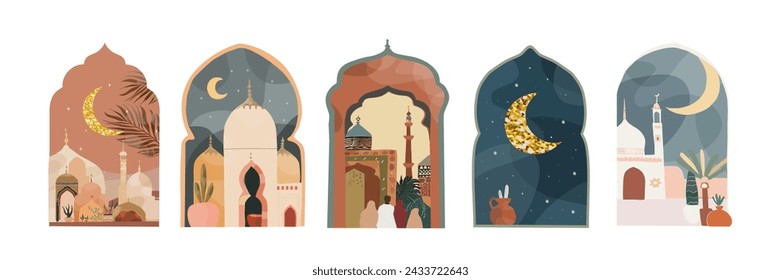 Ramadan Kareem. Eid Mubarak. Vektor-Illustration der islamischen muslimischen Stadt, Straße, Moschee, Halbmond, Fenster, Bogen für Logo, Zeichen oder Ikone. Gedämpfte Farben