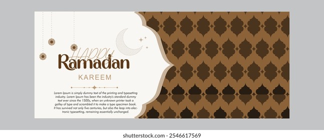 Ramadan Kareem. Eid Mubarak. Vector aesthetic illustration of crescent moon, mosque, lantern, window, frame, background, ornament, tropical leaf for greeting card, invitation or poster in beige muted