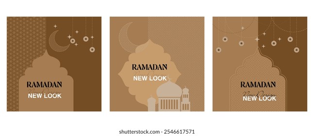 Ramadan Kareem. Eid Mubarak. Vector aesthetic illustration of crescent moon, mosque, lantern, window, frame, background, ornament, tropical leaf for greeting card, invitation or poster in beige muted