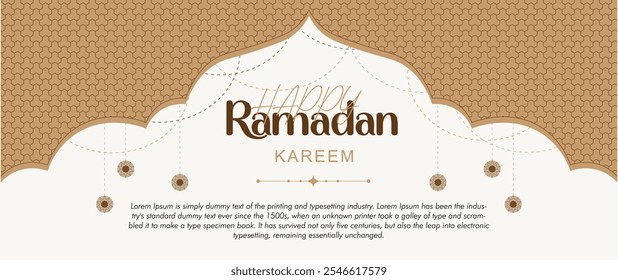 Ramadan Kareem. Eid Mubarak. Vector aesthetic illustration of crescent moon, mosque, lantern, window, frame, background, ornament, tropical leaf for greeting card, invitation or poster in beige muted