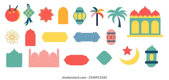 Ramadan Kareem. Eid Mubarak. Vector illustration set of crescent moon, palm tree, mosque, lantern, window, frame, arch, logo, ornament, star, icon, sign for greeting card, invitation, and banner.
