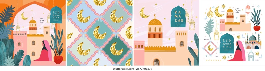 Ramadan kareem. Eid mubarak. Vector illustration of mosque, prayer, islamic festival, arabic street view arch and crescent moon seamless pattern for greeting card, postcard, poster and background