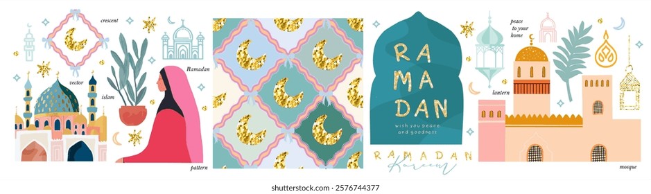 Ramadan kareem. Eid mubarak. Vector illustration of mosque, prayer, islamic festival, arabic street view arch and crescent moon seamless pattern for greeting card, postcard, poster and background