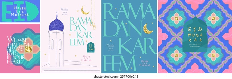 Ramadan Kareem. Eid Mubarak. Vector modern illustration of mosque, ornament, crescent, seamless pattern, lantern for greeting card, background, poster