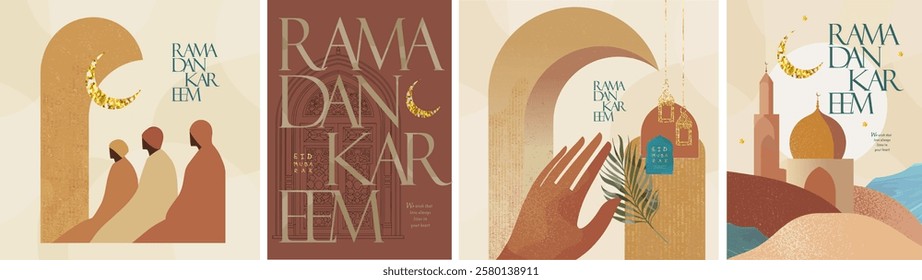 Ramadan kareem. Eid mubarak. Vector modern monochrome abstract minimalistic illustration of mosque, crescent moon, people, hand, arch, city, street, logo for greeting card, background or poster