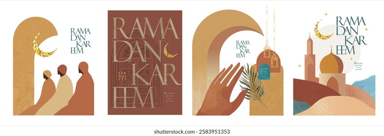 Ramadan kareem. Eid mubarak. Vector modern monochrome abstract minimalistic illustration of mosque, crescent moon, people, hand, arch, city, street, logo for greeting card, background or poster