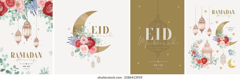 Ramadan kareem. Eid mubarak. Vector floral elegant watercolor illustration of crescent moon made of flowers, oriental lantern, hanging lamps for greeting card, invitation, postcard or poster 