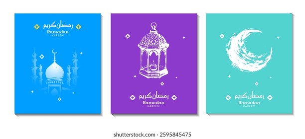 Ramadan Kareem and Eid  set of minimal poster, greeting card, banner, posts and holyday cover with hand drawn illustration of mosque , moon and lantern translation : Ramadan Kareem