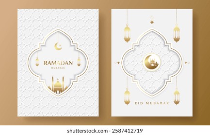 Ramadan Kareem and Eid set. Mubarak Design template with Oriental Islamic patterns, Mosque, lanterns, crescent for greeting banner, card, poster. Vector illustration on white and gold colors