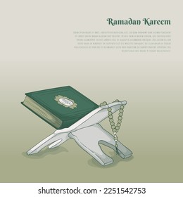 Ramadan kareem o plantilla eid con Al-qur'an y cuentas de oración en mesa plegable en diseño de dibujos animados