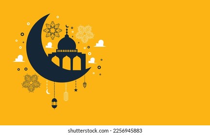 plantilla de afiche de fitr ramadan kareem eid-al con linterna ornamento y diseño de fondo de vector de mezquita