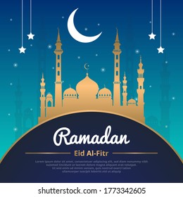 Ramadan Kareem & Eid-al-fitr design. Ramadan islamic holiday design templates with dark gold themed moon, hand drawn lettering and mosque. Vector illustration. Ramadan Kareem & Eid-al-fitr design.