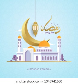 Ramadan kareem in elegant arabic calligraphy with mosque, lantern and moon. the Arabic calligraphy means (Generous Ramadan). Vector illustration