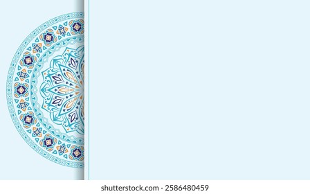 Ramadan Kareem elegant blue design. Islamic Eid al-Fitr Mubarak banner background illustration. Translation: "Fasting month of Muslims".