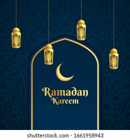 Ramadan kareem elegant greetings card with golden crescent moon and lantern. Islamic Ornament. Vector Illustration