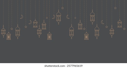 Ramadan Kareem Elegant Lantern Background with Hanging Crescent Moon and Stars in Minimalist Islamic Design