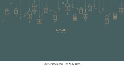 Ramadan Kareem Elegant Lantern Outline Background with Crescent Moon and Stars Islamic Festive Design