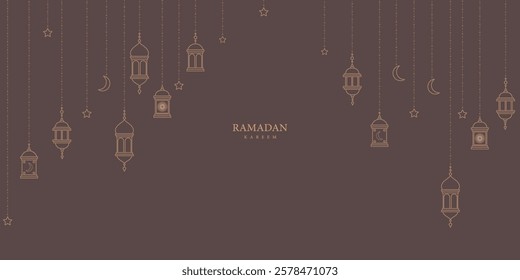 Ramadan Kareem Elegant Lantern Outline Background with Crescent Moon and Stars Islamic Festive Design