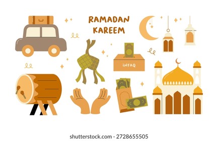 Ramadan Kareem Element Set with Flat Islamic Illustrations in Terracotta Warm Sand Color