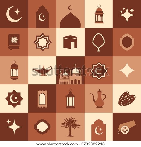 Ramadan Kareem elements and symbols in flat geometric style , islamic design for poster, greeting card, social media , banner and cover