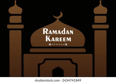 Ramadan Kareem Englischer Text und Gradient Braune Farbe Moschee Vektor-Illustration für Muslime Islamischer Monat auf schwarzem Hintergrund. Kalligraphie Für den Heiligen Monat des Fastens für Muslime in weißer Farbe.