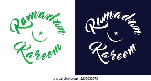 Ramadan Kareem English Text Typography. Green Ramadan Theme Half Moon and Star Caligraphy for Greeting Card Template.