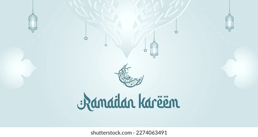 Ramadan Kareem English Typografy. Ein islamischer Grußtext auf Englisch für den heiligen Monat Ramadan Kareem. Islamischer Hintergrund mit Halbmond