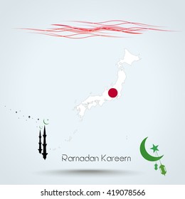 Ramadan Kareem, Feast of Ramadan in Japan , Map flag of Japan , Islamic holiday, eps 10